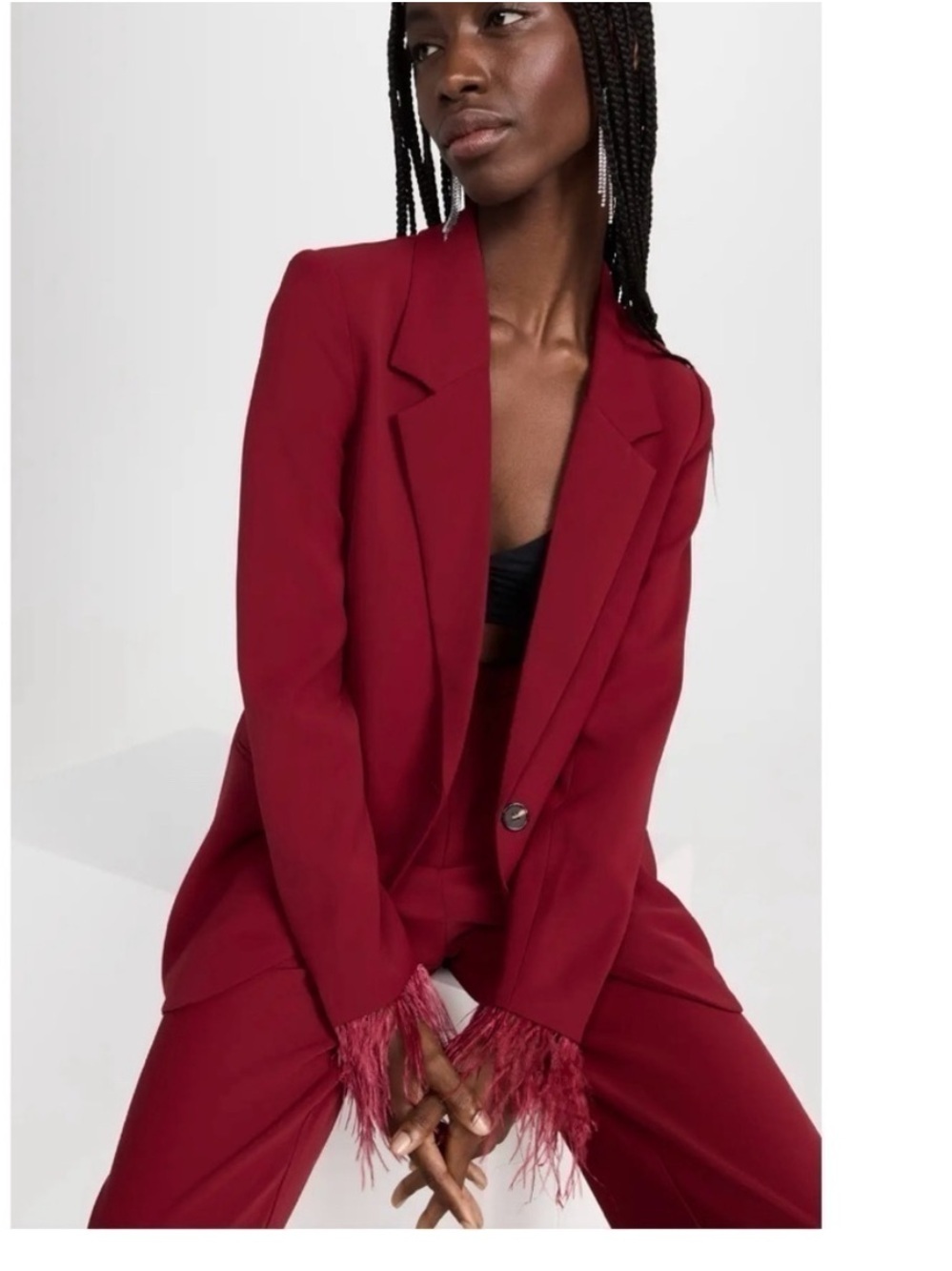 WAYF Red Feather Trim Blazer size NWT chic 90s boho eclectic feminine glitz